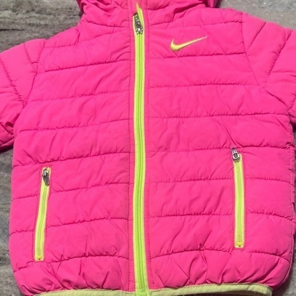 Nike Kids Pink Neon Lime Green Hooded Puffer Jacket Zip Up Coat 3T‎ A728-AA8